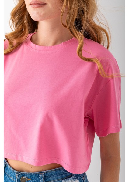 Kadın Bisiklet Yaka %100 Pamuk Basic Crop T-Shirt Pembe - 925007