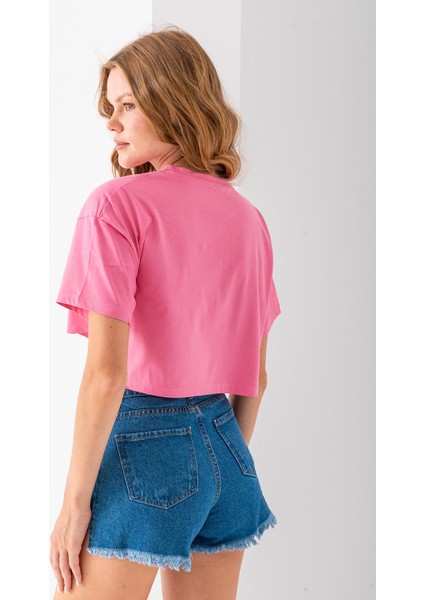 Kadın Bisiklet Yaka %100 Pamuk Basic Crop T-Shirt Pembe - 925007