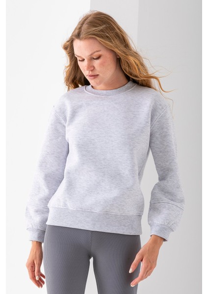 Kadın Bisiklet Yaka Kol Parçalı 3ip Şardonlu Sweatshirt Gri - 2513