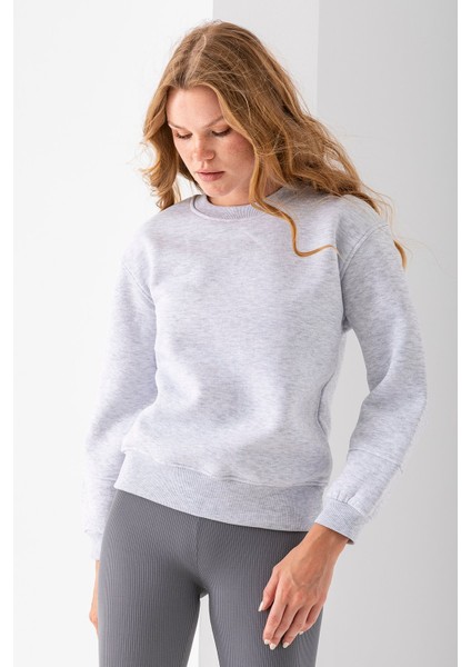 Kadın Bisiklet Yaka Kol Parçalı 3ip Şardonlu Sweatshirt Gri - 2513