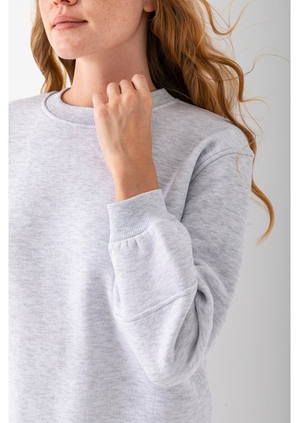 Kadın Bisiklet Yaka Kol Parçalı 3ip Şardonlu Sweatshirt Gri - 2513
