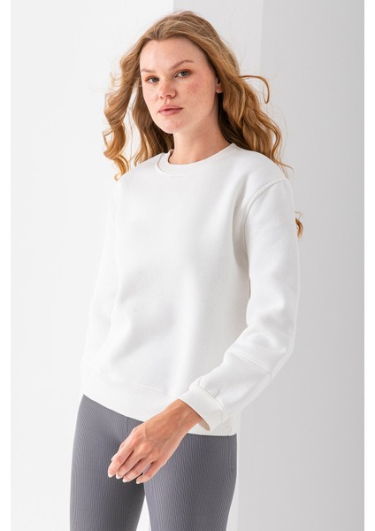 Kadın Bisiklet Yaka Kol Parçalı 3ip Şardonlu Sweatshirt Beyaz - 2513