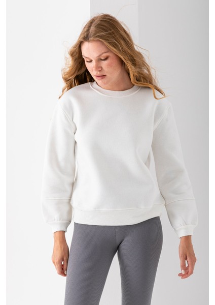 Kadın Bisiklet Yaka Kol Parçalı 3ip Şardonlu Sweatshirt Beyaz - 2513