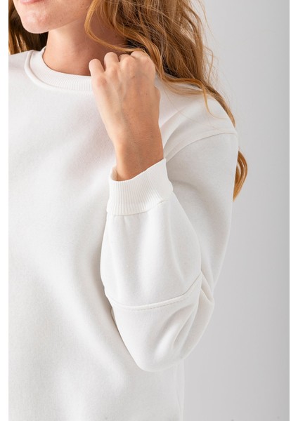 Kadın Bisiklet Yaka Kol Parçalı 3ip Şardonlu Sweatshirt Beyaz - 2513