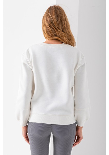 Kadın Bisiklet Yaka Kol Parçalı 3ip Şardonlu Sweatshirt Beyaz - 2513