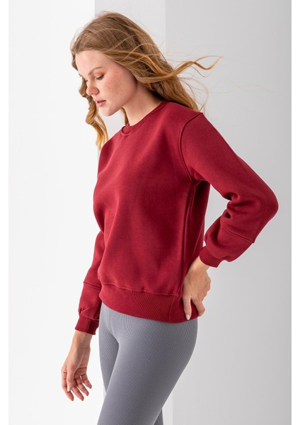 Kadın Bisiklet Yaka Kol Parçalı 3ip Şardonlu Sweatshirt Bordo - 2513