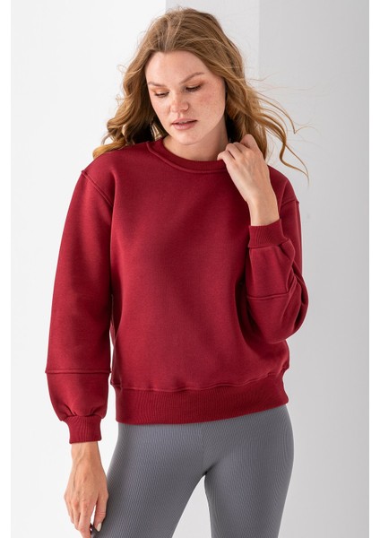 Kadın Bisiklet Yaka Kol Parçalı 3ip Şardonlu Sweatshirt Bordo - 2513 modelleri