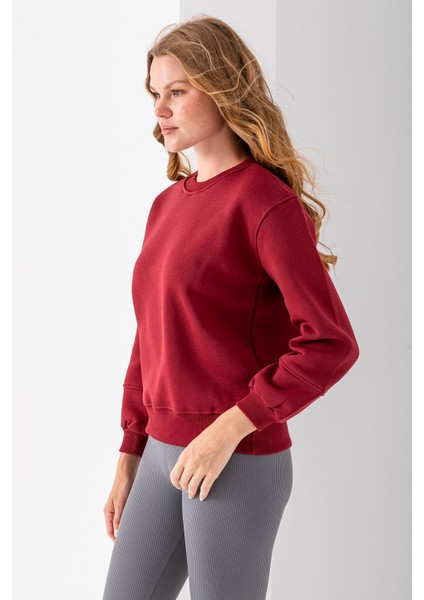 Kadın Bisiklet Yaka Kol Parçalı 3ip Şardonlu Sweatshirt Bordo - 2513 fırsatları