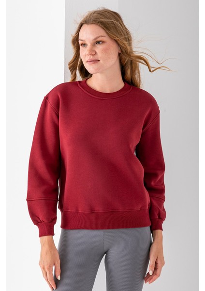 Kadın Bisiklet Yaka Kol Parçalı 3ip Şardonlu Sweatshirt Bordo - 2513 indirimleri