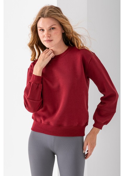 Kadın Bisiklet Yaka Kol Parçalı 3ip Şardonlu Sweatshirt Bordo - 2513