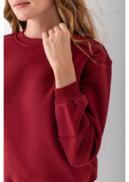 Kadın Bisiklet Yaka Kol Parçalı 3ip Şardonlu Sweatshirt Bordo - 2513