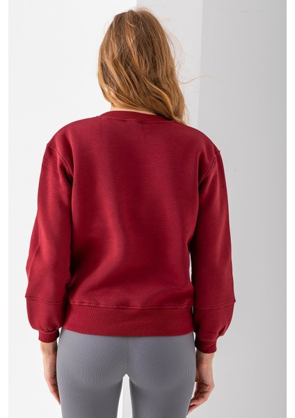 Kadın Bisiklet Yaka Kol Parçalı 3ip Şardonlu Sweatshirt Bordo - 2513