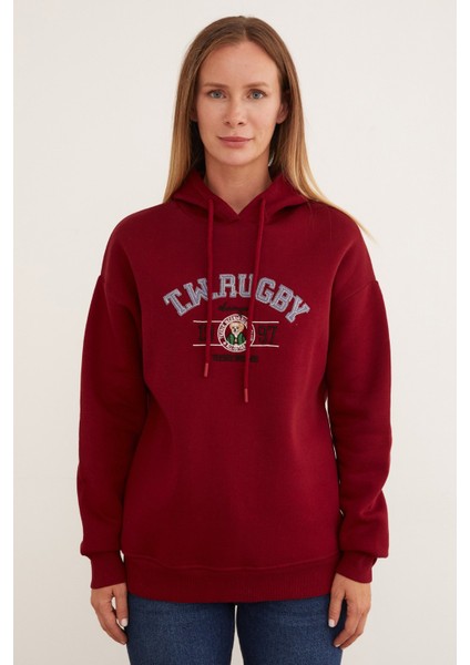 3 Iplik Rugby Nakışlı Kapüşonlu Sweatshirt