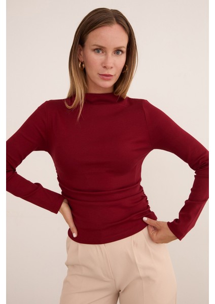 Basic Yanları Drapeli Dik Yaka Modal Bluz
