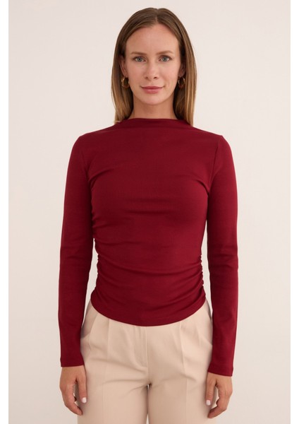 Basic Yanları Drapeli Dik Yaka Modal Bluz