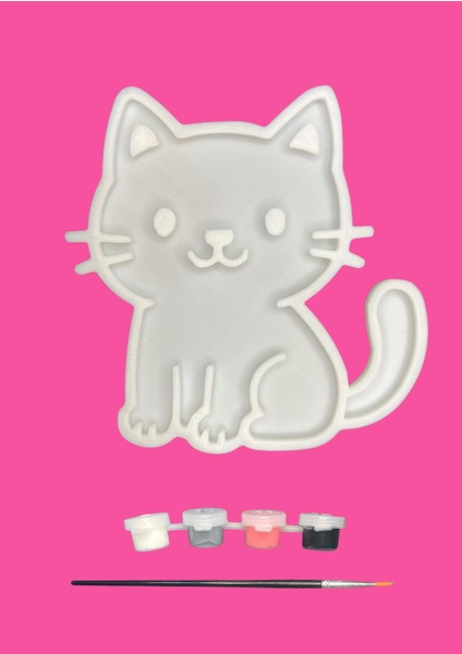 Kedi Figür Boyama Seti – 4 Renk Boya + 1 Fırça | Çocuk Eğitici Hobi Plakası (12 Cm) fiyatları
