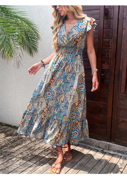 Kadın Kısa Kollu Kruvaze Yakalı Desenli Maxi Elbise