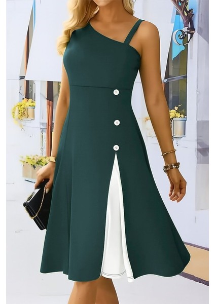 Kadın Tek Omuzu Şerit Detaylı Kolsuz Yandan Düğme Detaylı Janjan Krep Elbise