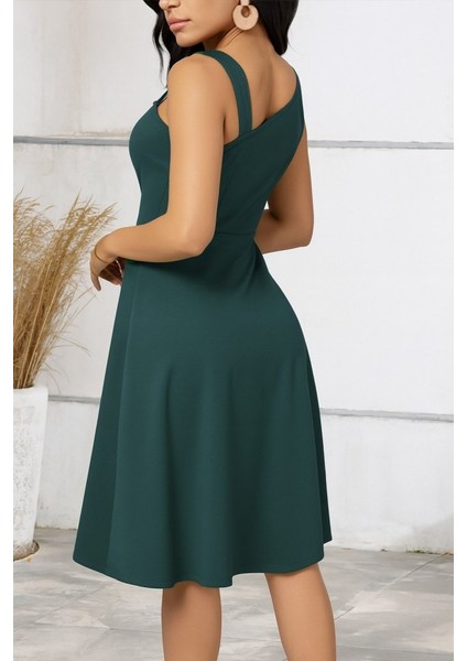 Kadın Tek Omuzu Şerit Detaylı Kolsuz Yandan Düğme Detaylı Janjan Krep Elbise modelleri