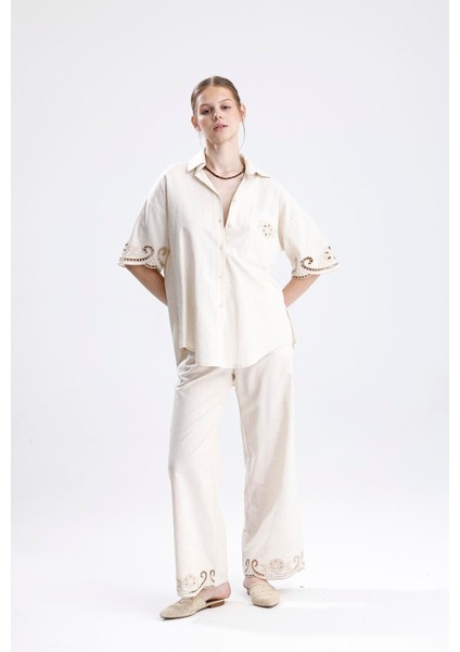 Beyaz Iş Nakışlı Keten Ikili Takım - Taş