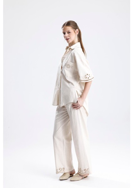 Beyaz Iş Nakışlı Keten Ikili Takım - Taş fırsatları