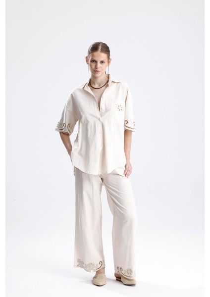 Beyaz Iş Nakışlı Keten Ikili Takım - Taş indirimleri