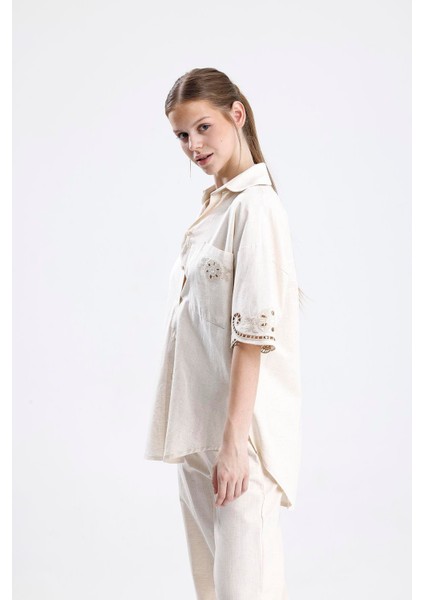 Beyaz Iş Nakışlı Keten Ikili Takım - Taş