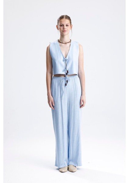 Bağlamalı Boncuklu Yelekli Keten Ikili Takım - Mavi fiyatları