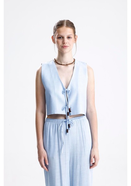 Bağlamalı Boncuklu Yelekli Keten Ikili Takım - Mavi fırsatları