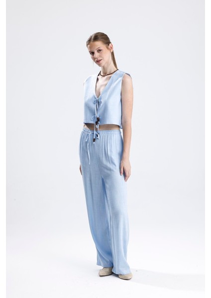 Bağlamalı Boncuklu Yelekli Keten Ikili Takım - Mavi