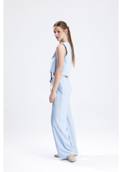 Bağlamalı Boncuklu Yelekli Keten Ikili Takım - Mavi