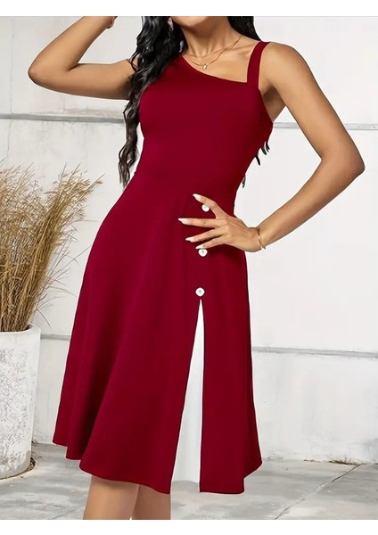 Mç Plus Kadın Tek Omuzu Şerit Detaylı Kolsuz Yandan Düğme Detaylı Janjan Krep Elbise modelleri