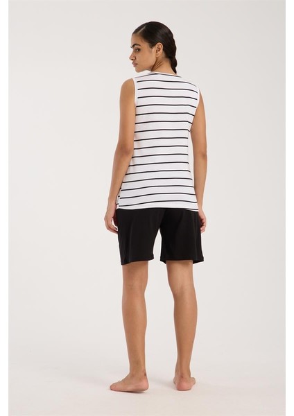 Modaserdem Akbeniz Kadın Kalın Askılı Beyaz Şortlu Pijama Takımı