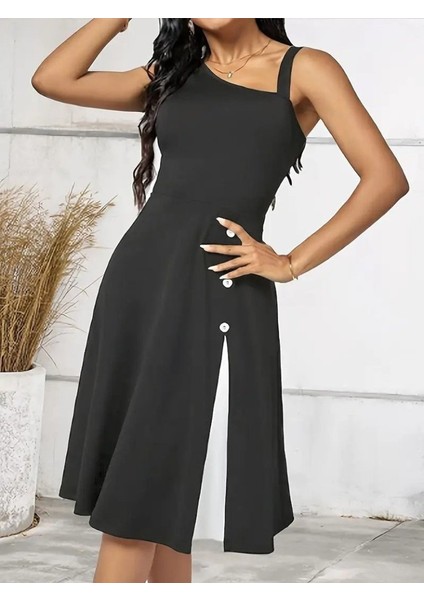 Kadın Tek Omuzu Şerit Detaylı Kolsuz Yandan Düğme Detaylı Janjan Krep Elbise modelleri