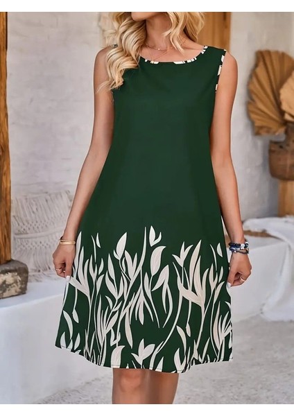 Kadın Askılı Yuvarlak Yakalı Yaprak Desenli Dalgıç Elbise indirimleri