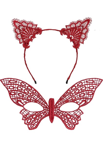 Gösterişli Kırmızı Dantel Maske ve Taç Seti 7 No – Masquerade ve Davetler Için fiyatları