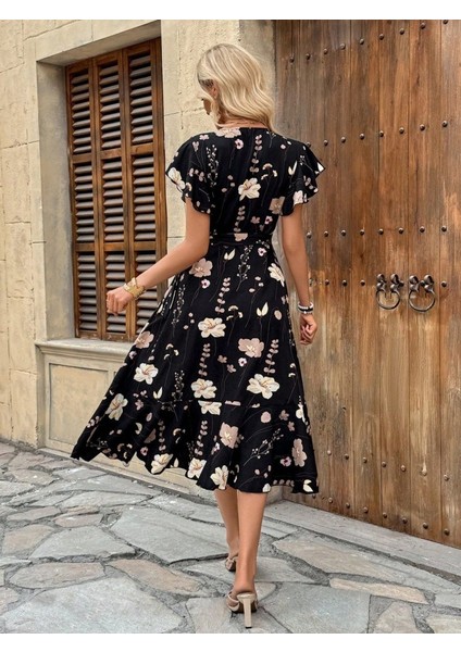 Kadın Kısa Kelebek Kollu Kruvaze Yakalı Belden Kuşaklı Midi Süprem Elbise fiyatları