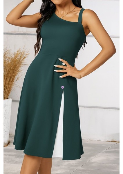 Kadın Tek Omuzu Şerit Detaylı Kolsuz Yandan Düğme Detaylı Janjan Krep Elbise fiyatları