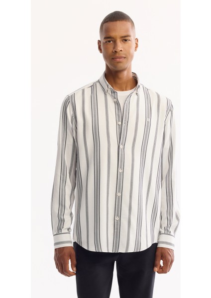 Erkek Lacivert Düğmeli Yaka Soft Touch Çizgili Comfort Fit Gömlek A52Y2057