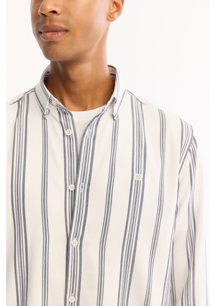 Erkek Lacivert Düğmeli Yaka Soft Touch Çizgili Comfort Fit Gömlek A52Y2057 fiyatları