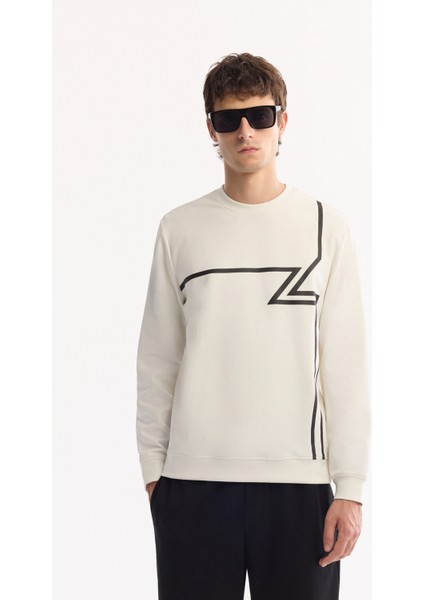 Erkek Ekru Bisiklet Yaka Pamuklu Bi-Stretch Baskılı Regular Fit Sweatshirt A52Y1284