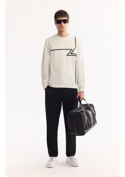 Erkek Ekru Bisiklet Yaka Pamuklu Bi-Stretch Baskılı Regular Fit Sweatshirt A52Y1284