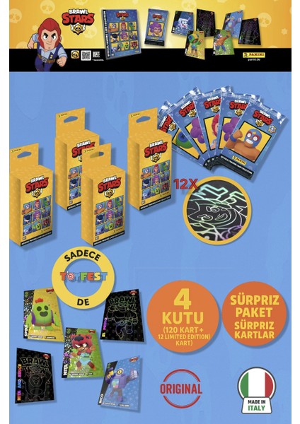 Brawl Stars Panini Resmi Kart Kutusu: 4 Kutu (120 Kart + 12 Limited Edition Kart)