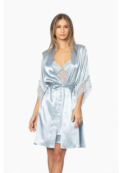 Midi Dantel Sabahlık Gecelik Set 4240 Mist