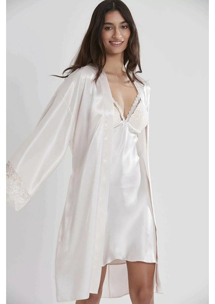 Sütyen Kaplı Sabahlık Gecelik Set 4250 Ekru modelleri