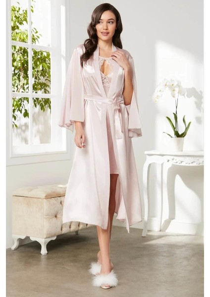 Saten Dantelli Gecelik ve Sabahlık Takımı 4375 Pudra fırsatları