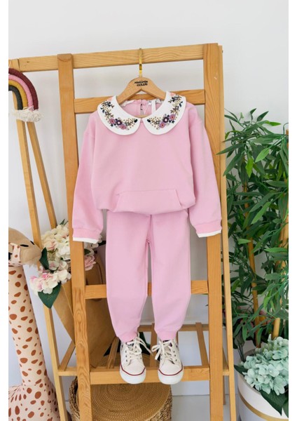 Yaka Işleme Detaylı Kanguru Cep Kız çocuk takım - Lila