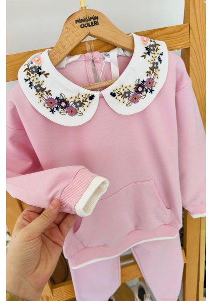 Yaka Işleme Detaylı Kanguru Cep Kız çocuk takım - Lila modelleri