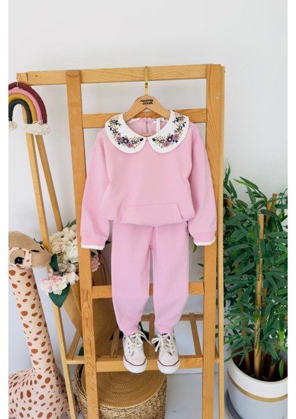Yaka Işleme Detaylı Kanguru Cep Kız çocuk takım - Lila fırsatları
