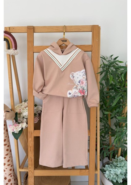 Ayıcık Baskılı Kapüşonlu Kız Çocuk takım - Vizon